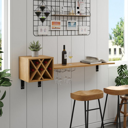 HMR - 53" Live-Edge Floating Bar Table with Wine Bottle Storage Wood Pub Table