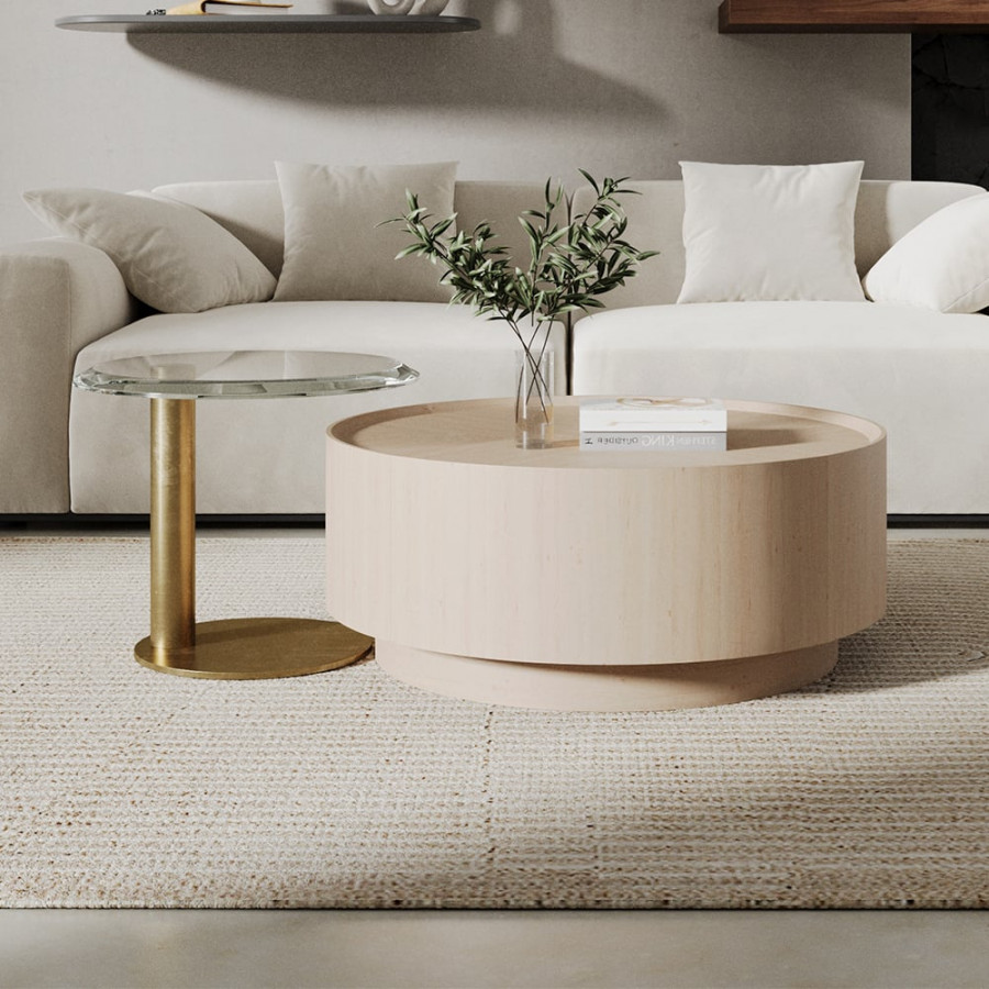 HMR - Set of 2 Round Nesting Coffee Table Set White Oak with 2 Drawers in White & Clear & Gold