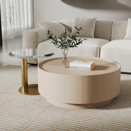 HMR - Set of 2 Round Nesting Coffee Table Set White Oak with 2 Drawers in White & Clear & Gold