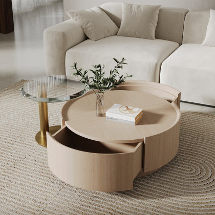 HMR - Set of 2 Round Nesting Coffee Table Set White Oak with 2 Drawers in White & Clear & Gold