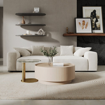 HMR - Set of 2 Round Nesting Coffee Table Set White Oak with 2 Drawers in White & Clear & Gold