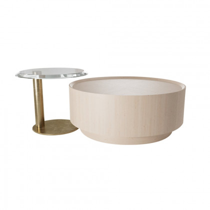 HMR - Set of 2 Round Nesting Coffee Table Set White Oak with 2 Drawers in White & Clear & Gold