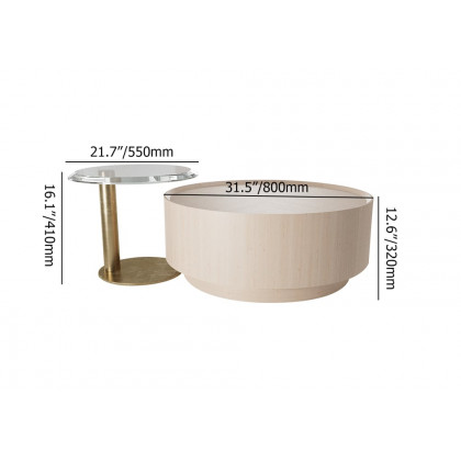 HMR - Set of 2 Round Nesting Coffee Table Set White Oak with 2 Drawers in White & Clear & Gold