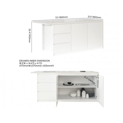 HMR Kitchen Island with Storage - White, 72“/1830mm, Sintered Stone