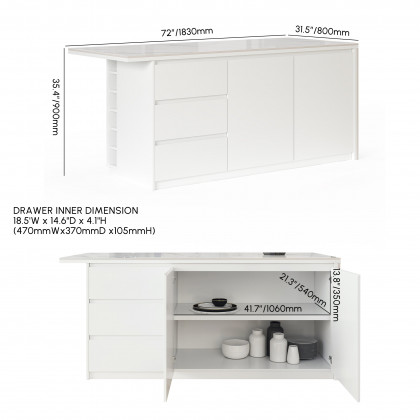 HMR Kitchen Island with Storage - White, 72“/1830mm, Sintered Stone