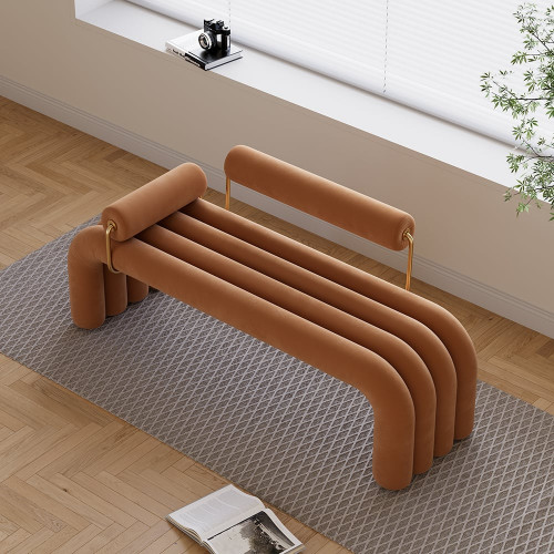 HMR Modern Line Tufted Bench Velvet Upholstered Entryway Bench in Gold Finish - Brown