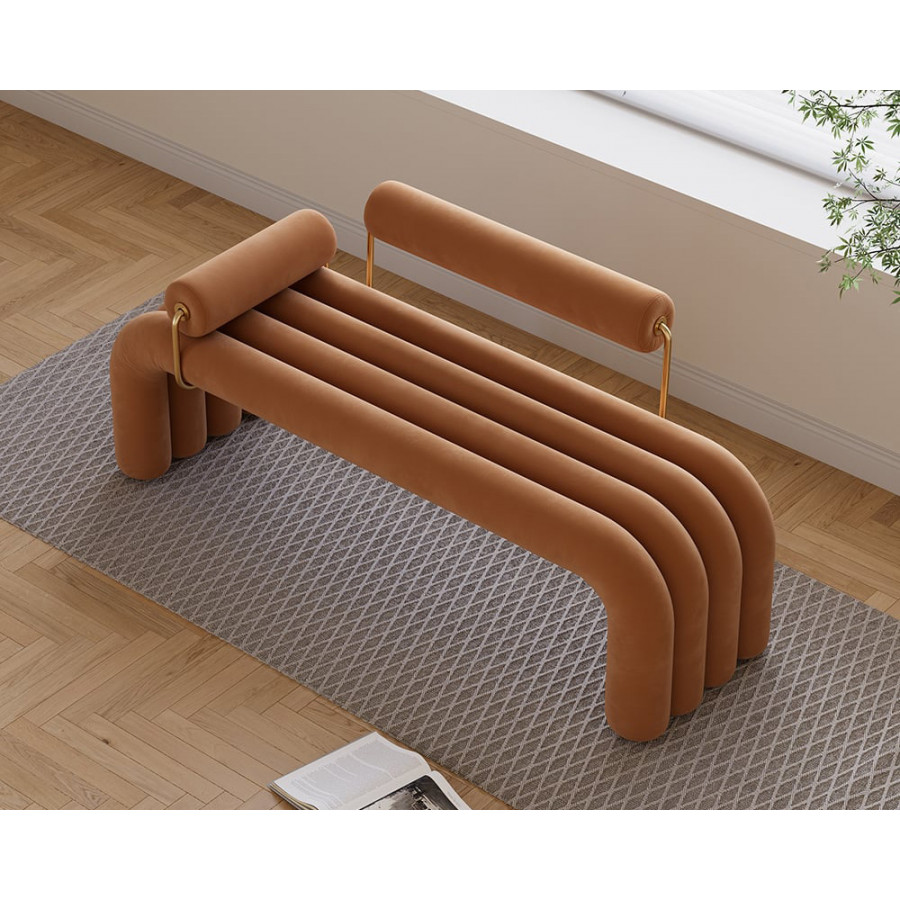 HMR Modern Line Tufted Bench Velvet Upholstered Entryway Bench in Gold Finish - Brown