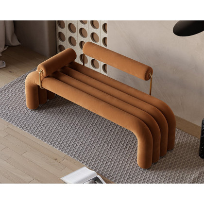 HMR Modern Line Tufted Bench Velvet Upholstered Entryway Bench in Gold Finish - Brown