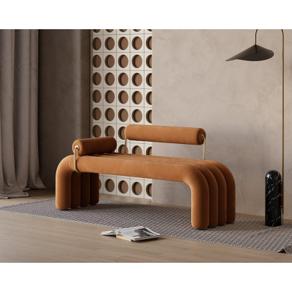 HMR Modern Line Tufted Bench Velvet Upholstered Entryway Bench in Gold Finish - Brown