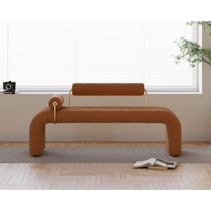 HMR Modern Line Tufted Bench Velvet Upholstered Entryway Bench in Gold Finish - Brown