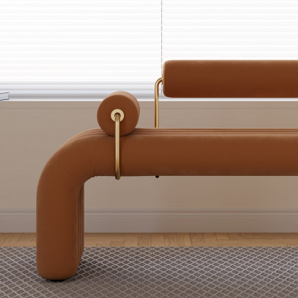 HMR Modern Line Tufted Bench Velvet Upholstered Entryway Bench in Gold Finish - Brown