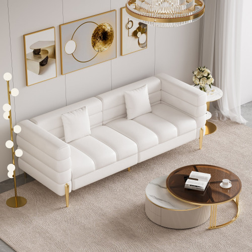 HMR - Aurora 79" Fluted Sofa with Gold Legs & Pillows & Nesting Coffee Table Set