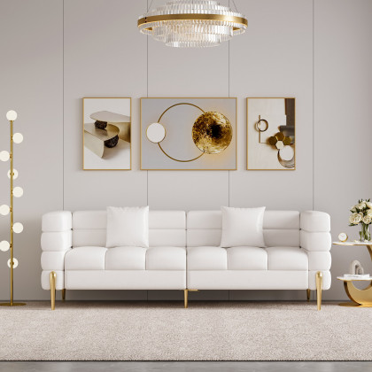 HMR - Aurora 79" Fluted Sofa with Gold Legs & Pillows & Nesting Coffee Table Set