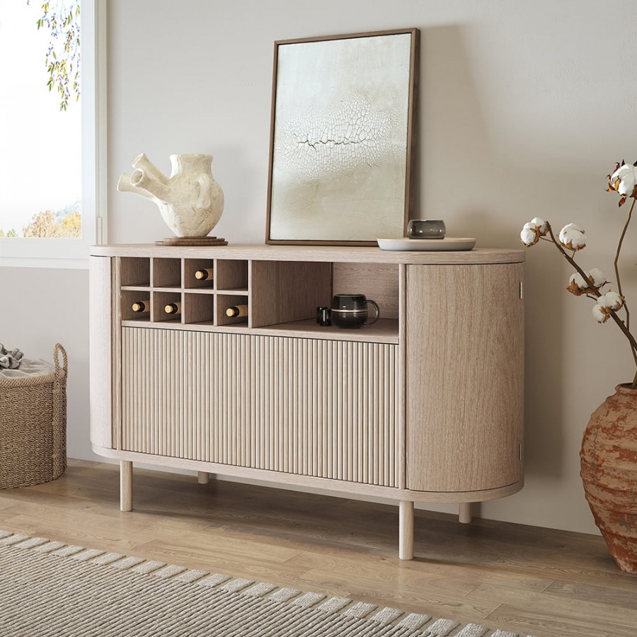 HMR - 59" Japandi Distressed Natural Wood Sideboard Buffet Wine Rack 4 Doors Credenza