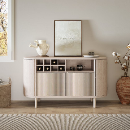 HMR - 59" Japandi Distressed Natural Wood Sideboard Buffet Wine Rack 4 Doors Credenza