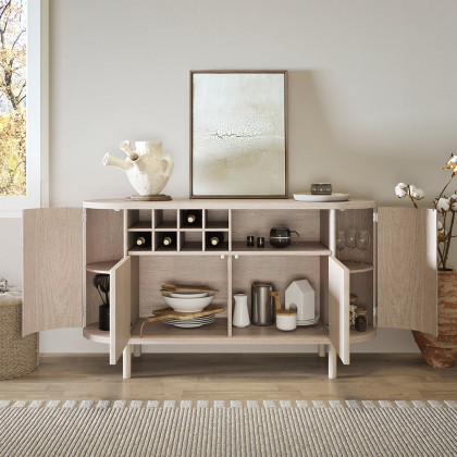 HMR - 59" Japandi Distressed Natural Wood Sideboard Buffet Wine Rack 4 Doors Credenza