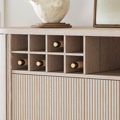 HMR - 59" Japandi Distressed Natural Wood Sideboard Buffet Wine Rack 4 Doors Credenza