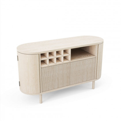 HMR - 59" Japandi Distressed Natural Wood Sideboard Buffet Wine Rack 4 Doors Credenza