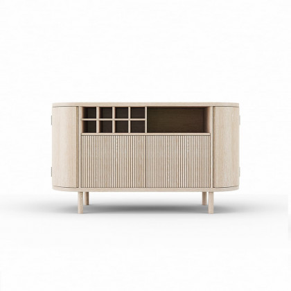 HMR - 59" Japandi Distressed Natural Wood Sideboard Buffet Wine Rack 4 Doors Credenza