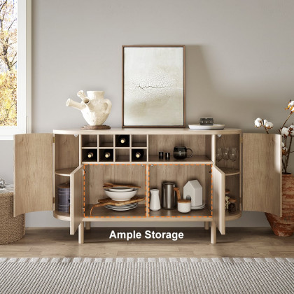 HMR - 59" Japandi Distressed Natural Wood Sideboard Buffet Wine Rack 4 Doors Credenza