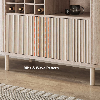 HMR - 59" Japandi Distressed Natural Wood Sideboard Buffet Wine Rack 4 Doors Credenza