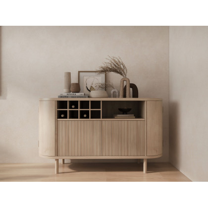 HMR - 59" Japandi Distressed Natural Wood Sideboard Buffet Wine Rack 4 Doors Credenza