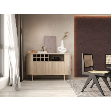 HMR - 59" Japandi Distressed Natural Wood Sideboard Buffet Wine Rack 4 Doors Credenza