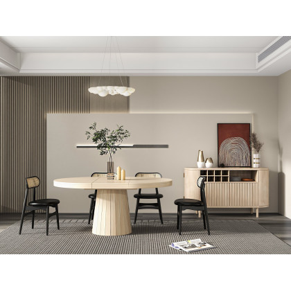 HMR - 59" Japandi Distressed Natural Wood Sideboard Buffet Wine Rack 4 Doors Credenza