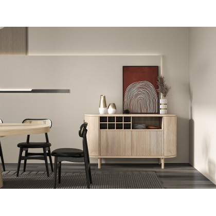 HMR - 59" Japandi Distressed Natural Wood Sideboard Buffet Wine Rack 4 Doors Credenza