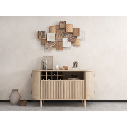 HMR - 59" Japandi Distressed Natural Wood Sideboard Buffet Wine Rack 4 Doors Credenza