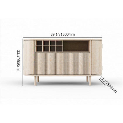 HMR - 59" Japandi Distressed Natural Wood Sideboard Buffet Wine Rack 4 Doors Credenza