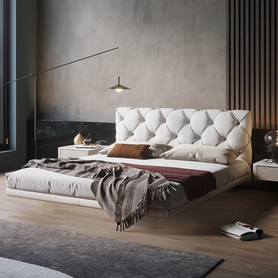 HMR - Modern King Floating Bed with Microfiber Upholstery Tufted Headboard in White
