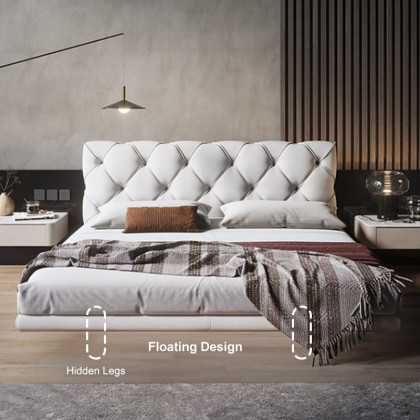HMR - Modern King Floating Bed with Microfiber Upholstery Tufted Headboard in White