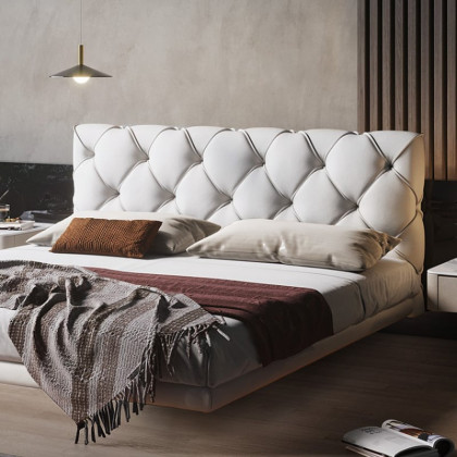 HMR - Modern King Floating Bed with Microfiber Upholstery Tufted Headboard in White