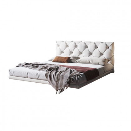 HMR - Modern King Floating Bed with Microfiber Upholstery Tufted Headboard in White