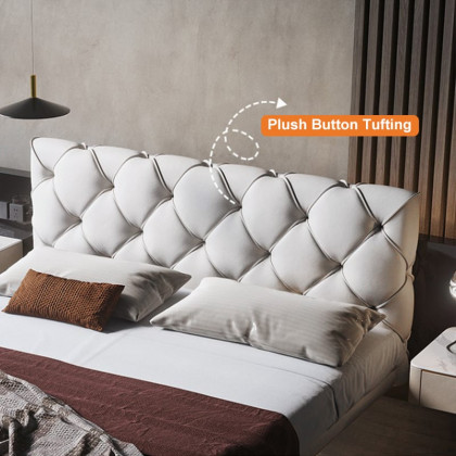 HMR - Modern King Floating Bed with Microfiber Upholstery Tufted Headboard in White