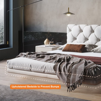 HMR - Modern King Floating Bed with Microfiber Upholstery Tufted Headboard in White