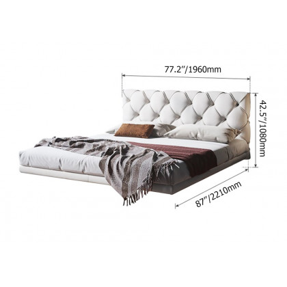 HMR - Modern King Floating Bed with Microfiber Upholstery Tufted Headboard in White