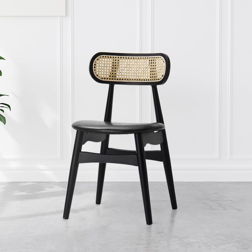 HMR Japandi Modern Wood Dining Chair with Faux Leather Upholstery - Black, Set of 2