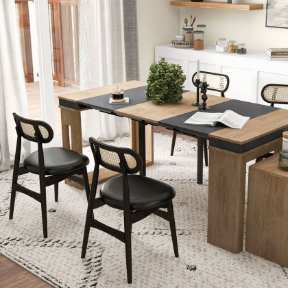 HMR Japandi Modern Wood Dining Chair with Faux Leather Upholstery - Black, Set of 2