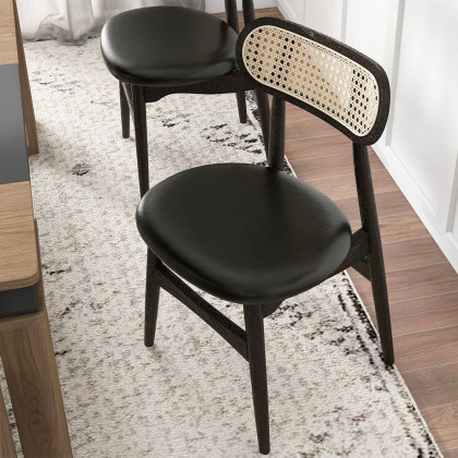 HMR Japandi Modern Wood Dining Chair with Faux Leather Upholstery - Black, Set of 2