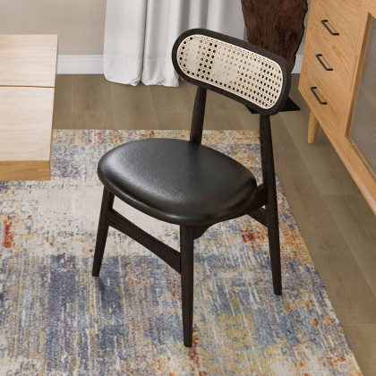 HMR Japandi Modern Wood Dining Chair with Faux Leather Upholstery - Black, Set of 2