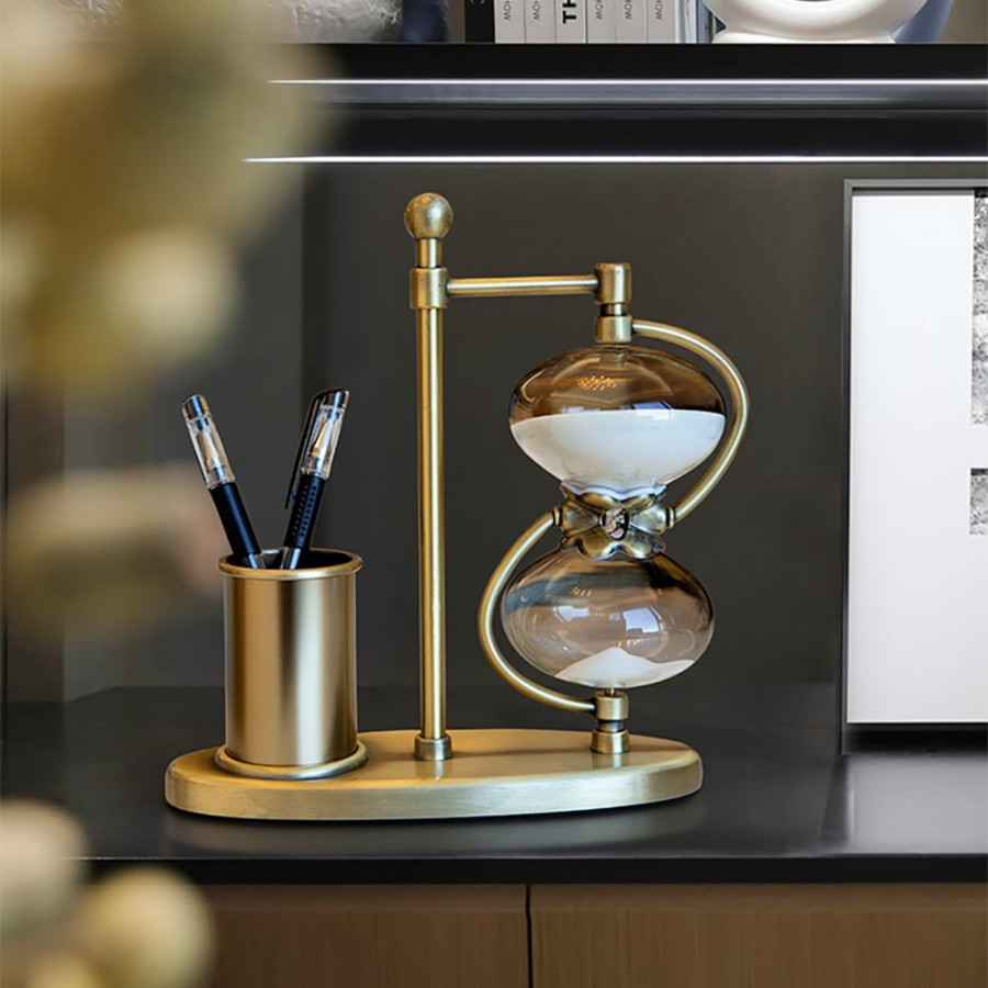 HMR - Vintage Antique Desk Decoration Brass Pen Holder 30 Minutes Hourglass Desk organizer