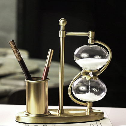 HMR - Vintage Antique Desk Decoration Brass Pen Holder 30 Minutes Hourglass Desk organizer
