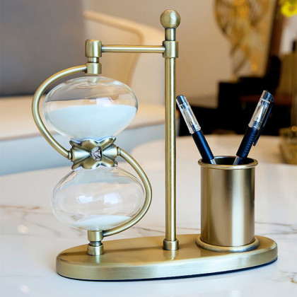 HMR - Vintage Antique Desk Decoration Brass Pen Holder 30 Minutes Hourglass Desk organizer