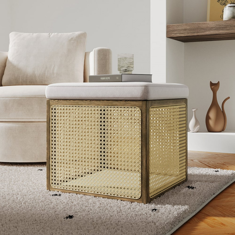 HMR - 18.1'' Boho Rattan Storage Ottoman Square Foot Stool in Khaki & Natural