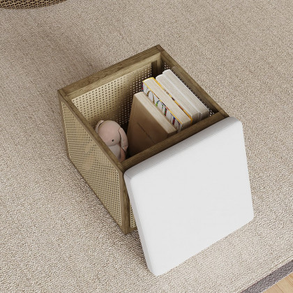 HMR - 18.1'' Boho Rattan Storage Ottoman Square Foot Stool in Khaki & Natural