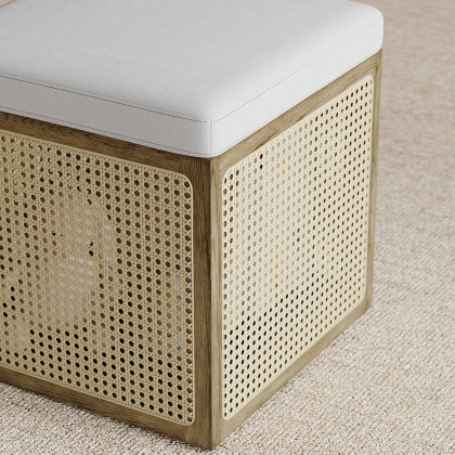 HMR - 18.1'' Boho Rattan Storage Ottoman Square Foot Stool in Khaki & Natural