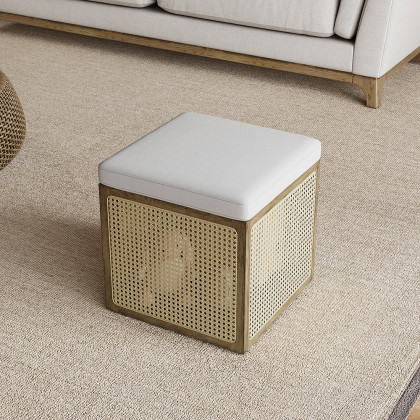 HMR - 18.1'' Boho Rattan Storage Ottoman Square Foot Stool in Khaki & Natural
