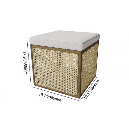 HMR - 18.1'' Boho Rattan Storage Ottoman Square Foot Stool in Khaki & Natural